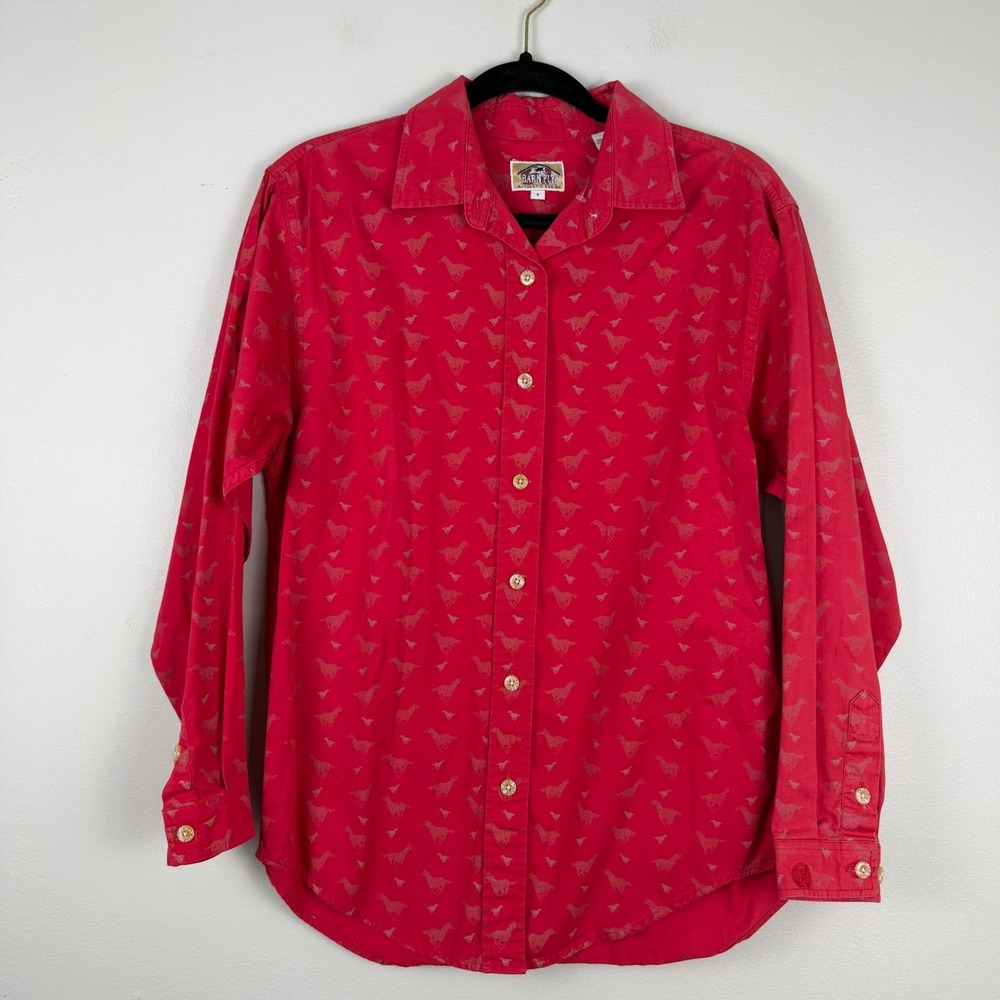 Barn Fly Shirt Womens Small Red Horse Print Cotton Long Sleeve Classic Button-Up